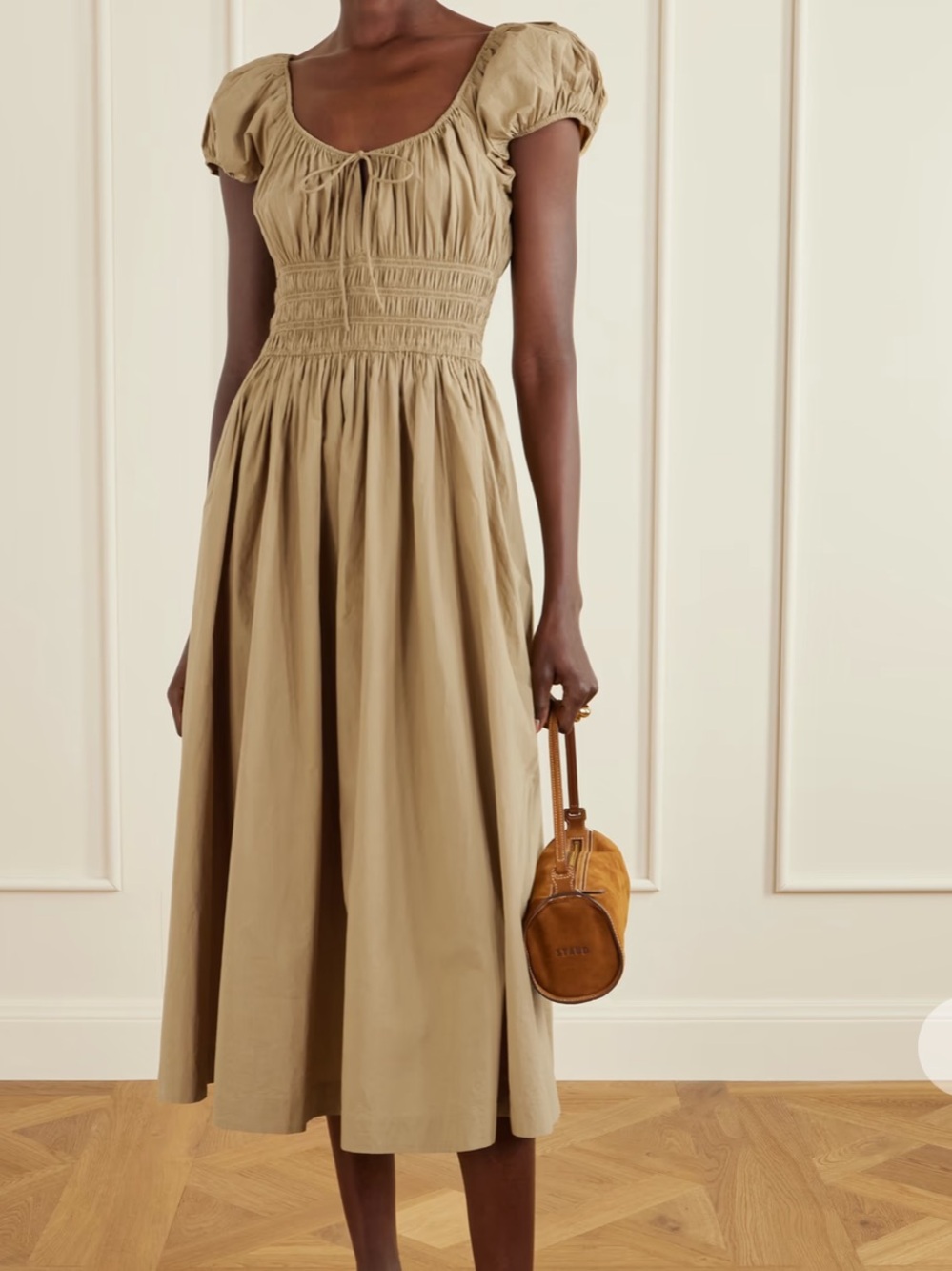 Doen Quinn tie-detailed shirred cotton-poplin midi dress NWT XXS